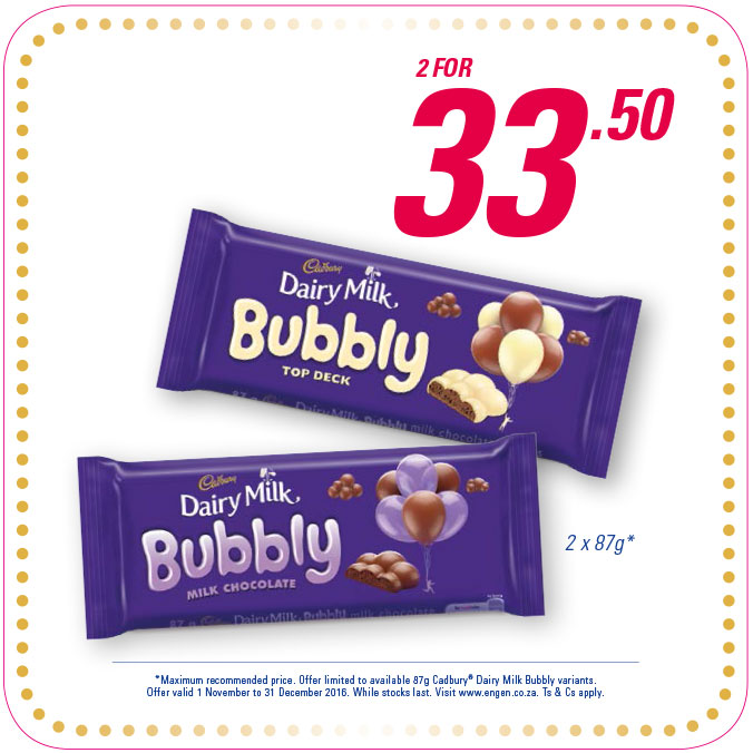 2x Dairy Milk Bubbly for R33.50