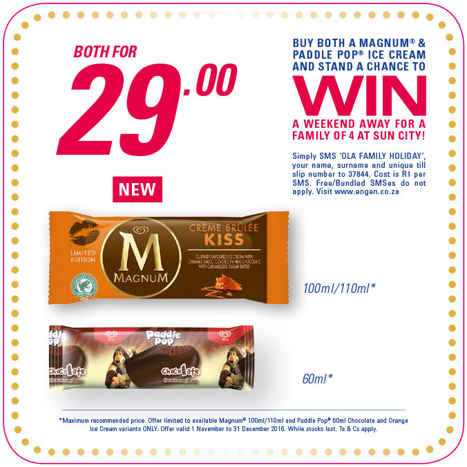 Buy both a Magnum and Paddle Pop Ice Cream For R29.00 and Win