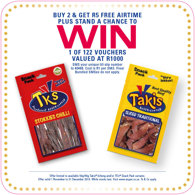 Buy 2 TKS and/or a Takis and get R5 airtime plus stand a chance to win