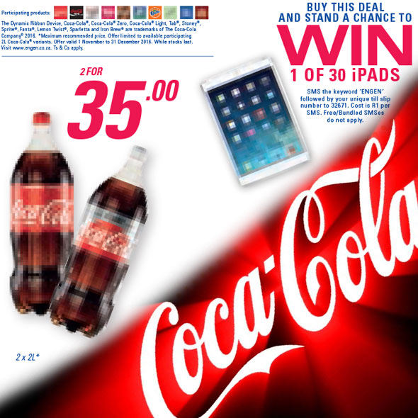 2x 2L Coca-Cola for R35.00 and stand a chance to win 1 of 30 iPads
