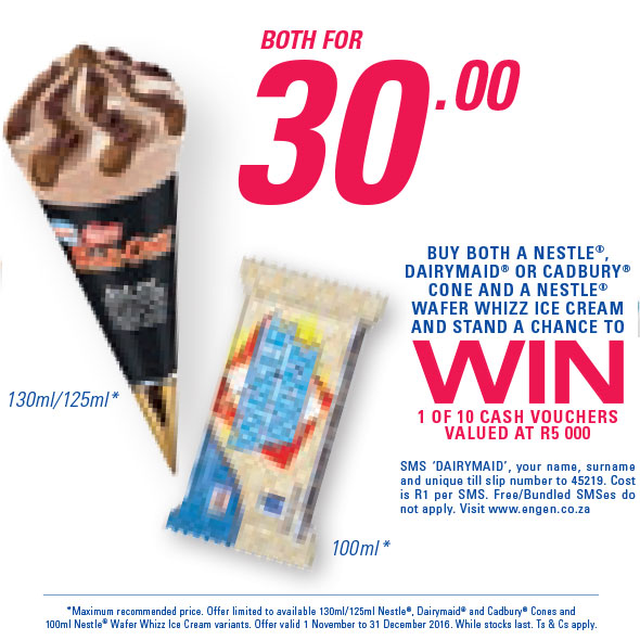 Buy a Nestle DairyMaid or Cadbury Cone and Nestle Wafer Whizz For R30.00 and Win