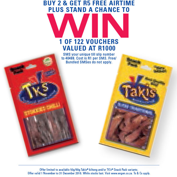 Buy 2 TKS and/or a Takis and get R5 airtime plus stand a chance to win