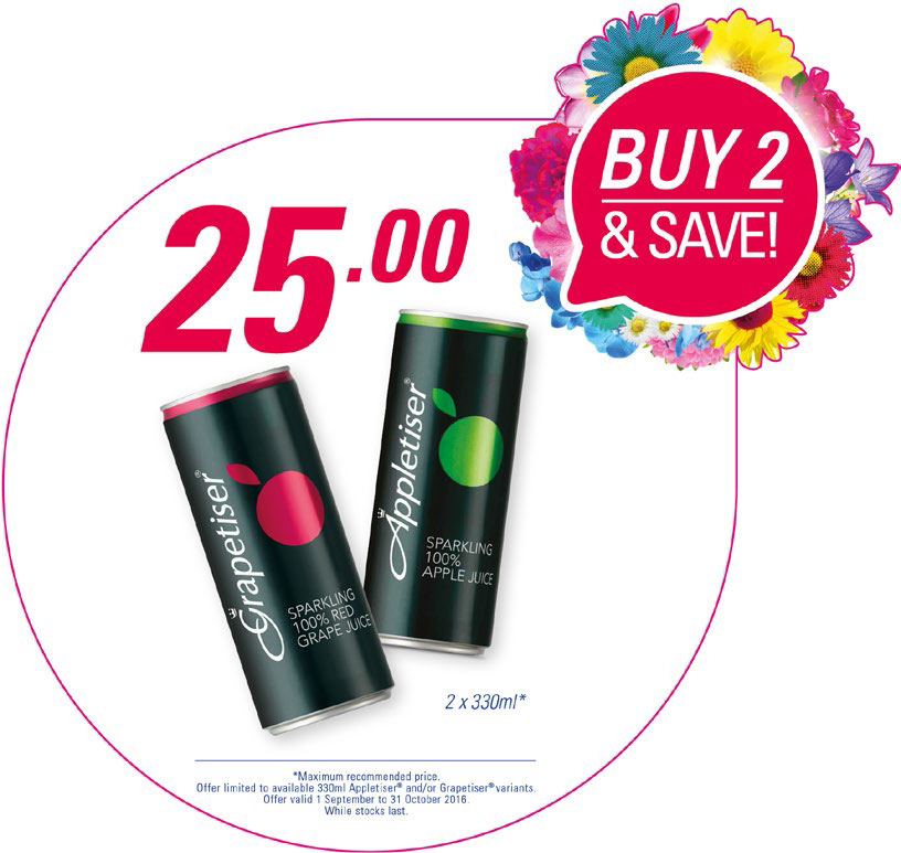 2x Grapetiser or Appletiser 330ml for R25.00